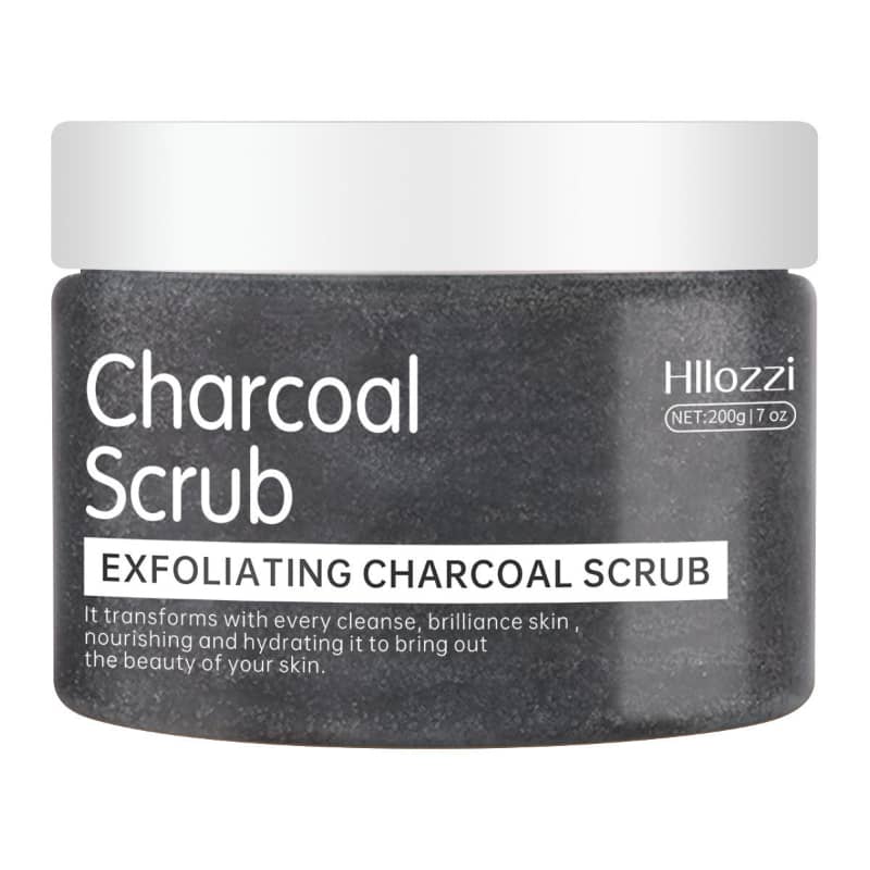 Exfoliating charcoal scrub jar with white lid on a white background