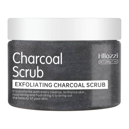 Exfoliating charcoal scrub jar with white lid on a white background