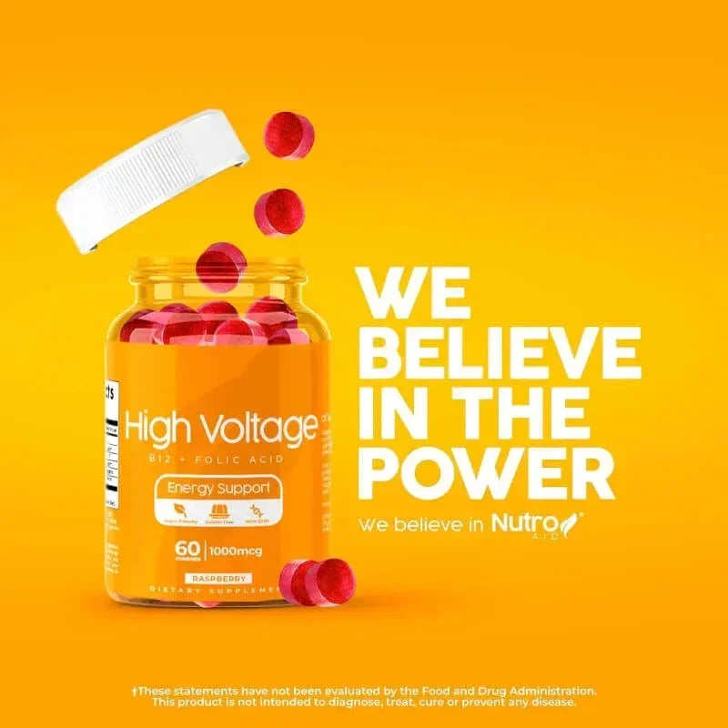 Supplement bottle with red capsules on a yellow background, featuring 'High Voltage' and 'Nutro' branding.