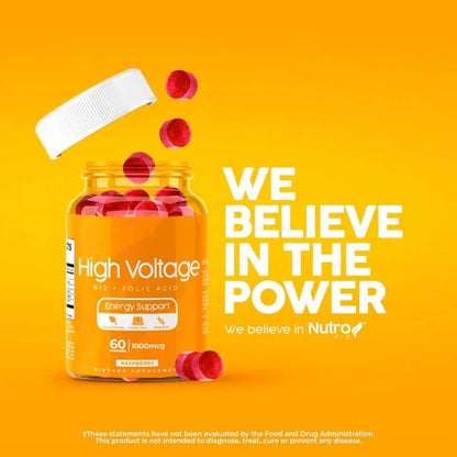 High Voltage B12 Folic Acid energy support supplement gummies in open jar, orange background