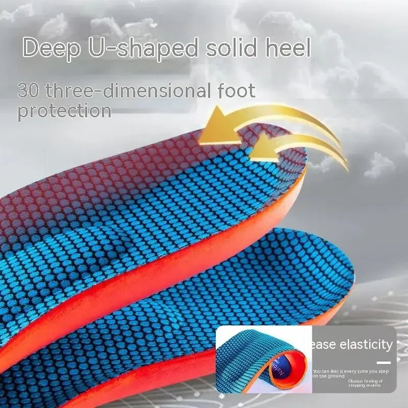 Premium blue and orange U-shaped fitness insoles with 3D heel support, Hi Fitness gear.