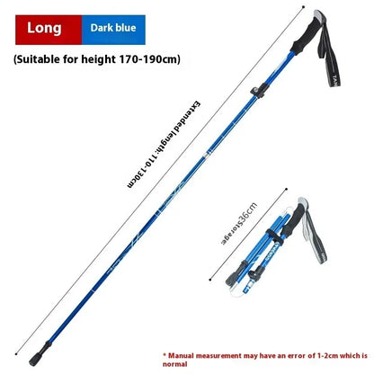 Long dark blue collapsible trekking pole, extended to 130cm and folded to 36cm, for hiking.