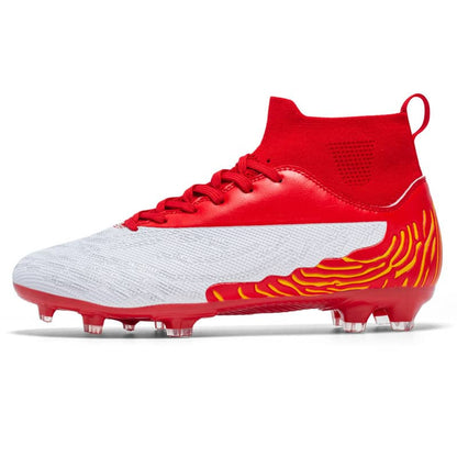 Red and white soccer cleat with yellow accents on a white background