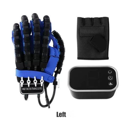 Hand function training glove with control unit and support brace for left hand rehabilitation.