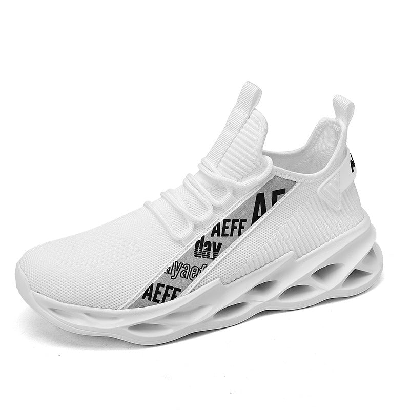 White sneaker with black text on a white background