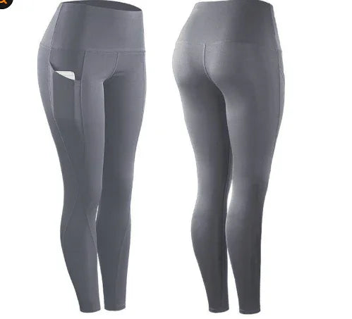 Gray high-waisted fitness leggings with side mesh panels, shown from front and back