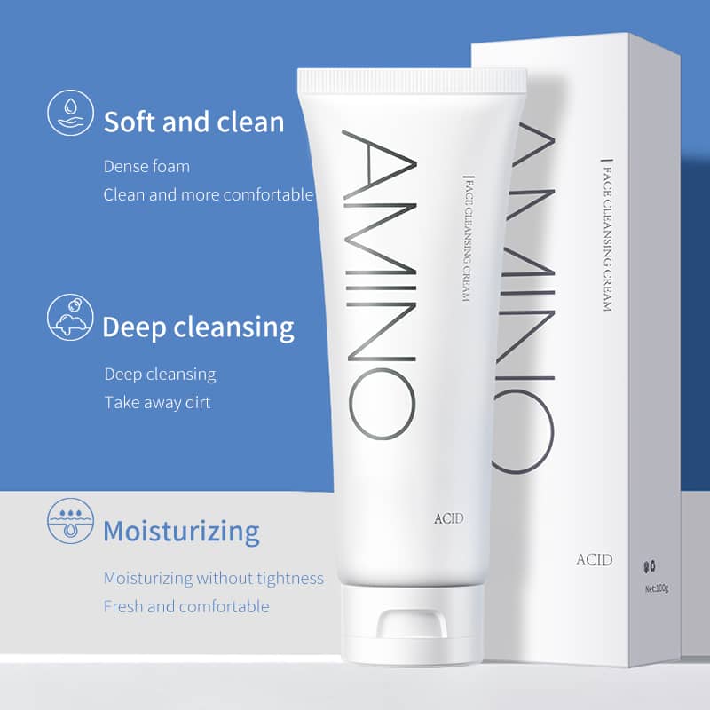 AMINO skincare product with packaging on a blue background