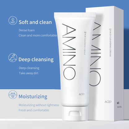 AMINO skincare product with packaging on a blue background