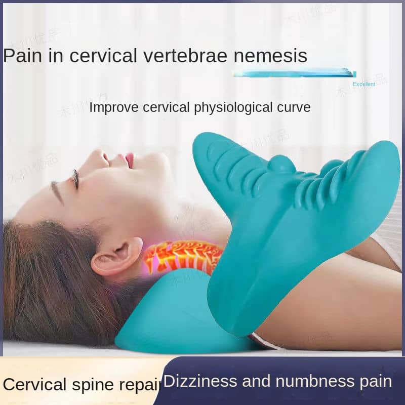 Person using a cervical spine correction device with text about neck pain relief.