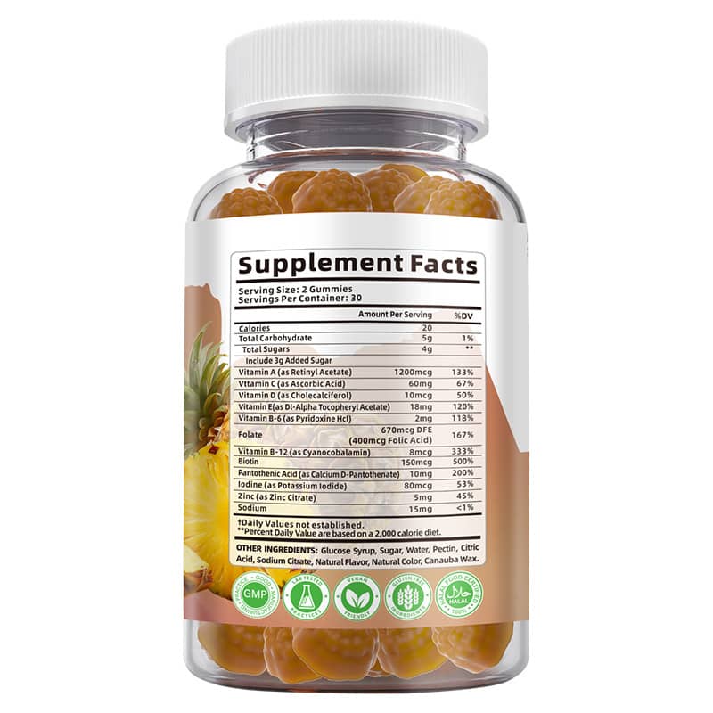 Supplement bottle with gummies and a label showing supplement facts on a white background