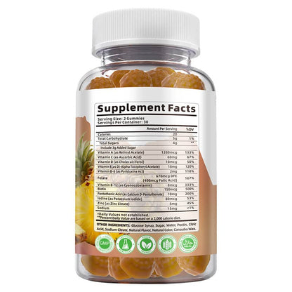 Supplement bottle with gummies and a label showing supplement facts on a white background