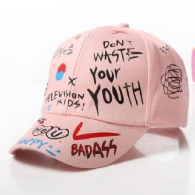 Pink graffiti baseball cap with bold youth-themed motivational text, Hi Fitness streetwear accessory