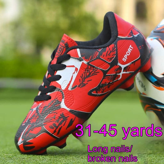 Red and black soccer cleat on grass with text overlay