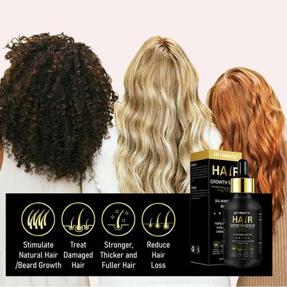Hair growth serum packaging with three different hair types displayed.