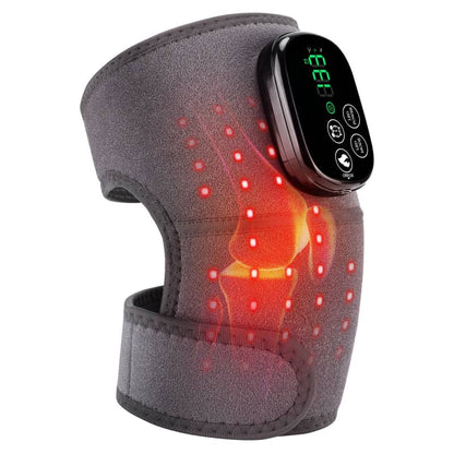 Gray knee brace with digital display and red lights on.