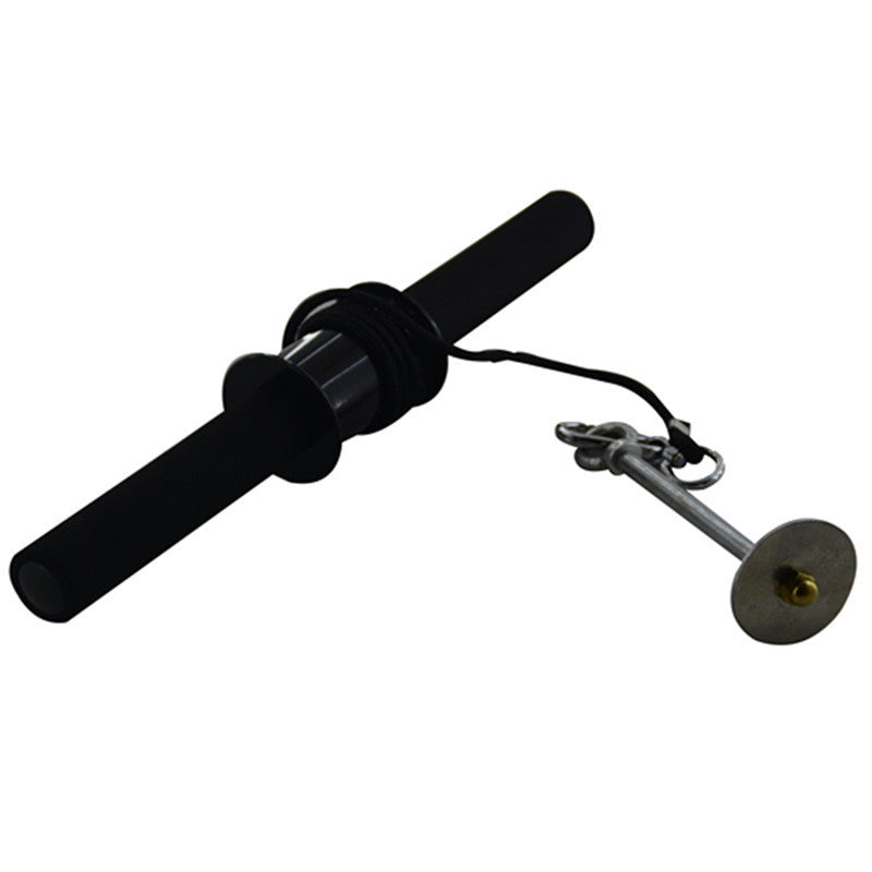 Black metal rod with a keychain attachment on a white background