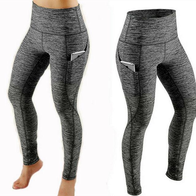 Gray high-waisted women's workout leggings with side pockets holding a smartphone, shown from front and back