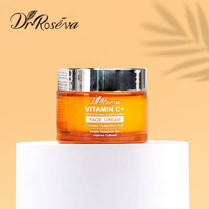 Dr. Roseva Vitamin C+ face cream jar on a beige background