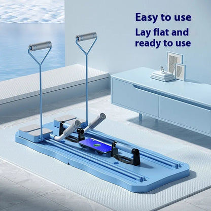 Blue exercise board with handles on a light gray floor, text 'Easy to use, Lay flat and ready to use' on a light blue wall.