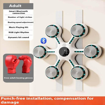 Wall-mounted smart electronic boxing training target with Bluetooth, LED lights, and free boxing gloves.