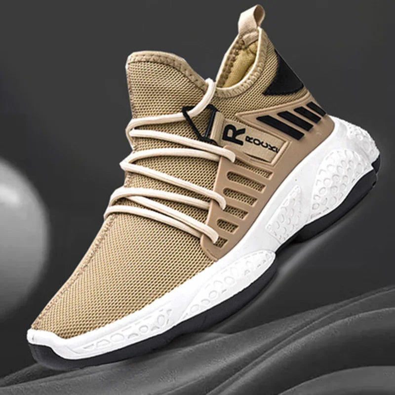 Beige and black breathable mesh fitness sneaker with white textured sole, ideal for workout and outdoor training