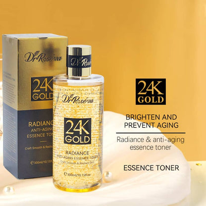Dr. Roseva 24K Gold Radiance & Anti-Aging Essence Toner with packaging on a yellow background