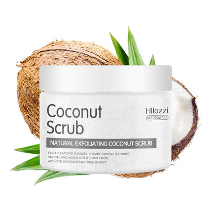 Coconut scrub jar with coconut and leaves on a white background