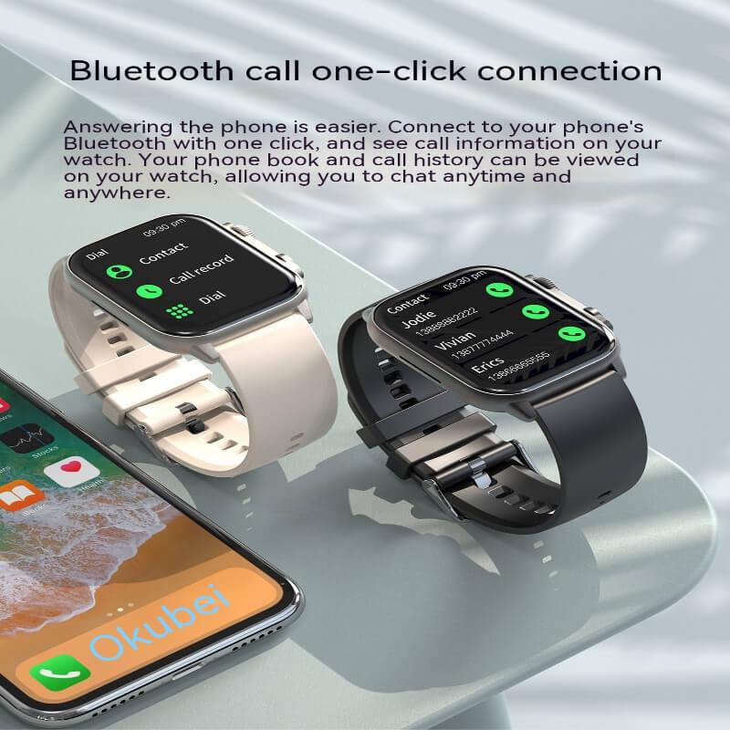Smartwatches with Bluetooth call feature displayed next to a smartphone on a glass table.