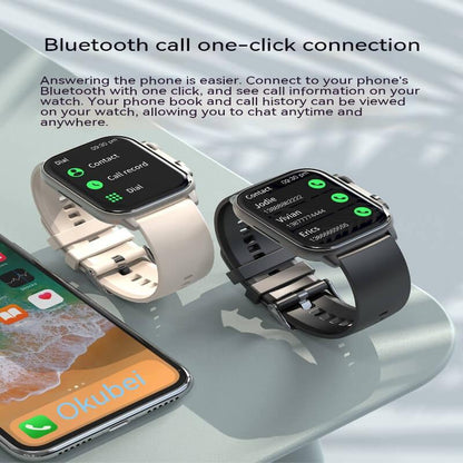 Smartwatches with Bluetooth call feature displayed next to a smartphone on a glass table.