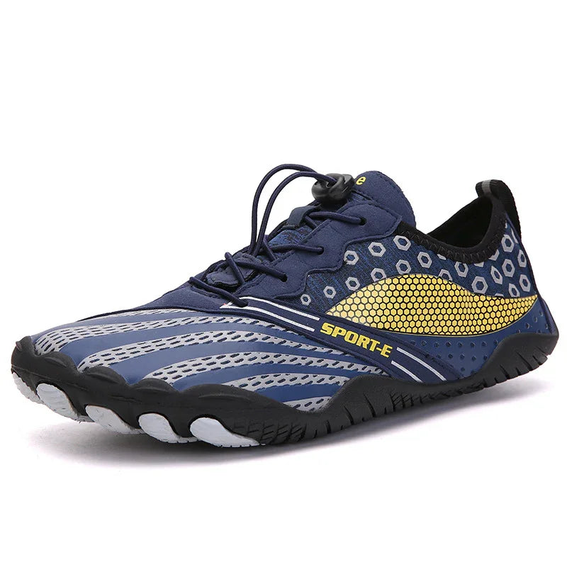 Men's blue minimalist fitness shoe with yellow mesh detail and black sole, lightweight design