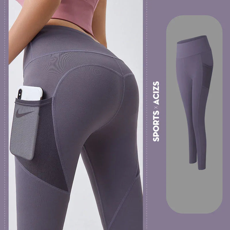Gray leggings with a pocket on a light gray background