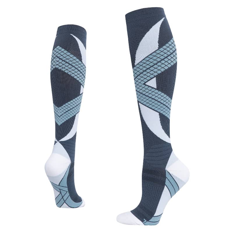Pair of knee-high socks with geometric pattern on a white background