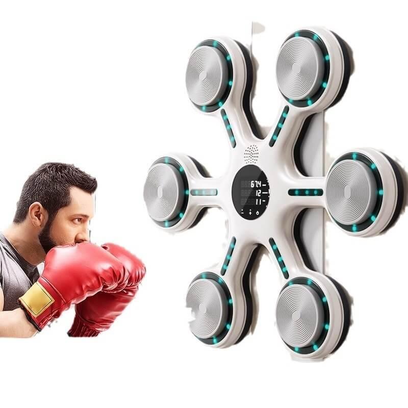 Boxer training with red gloves using electronic reflex boxing wall target, fitness equipment
