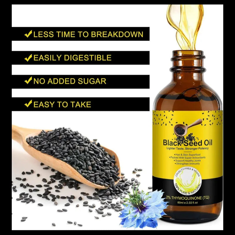 Amber glass bottle of Black Seed Oil with a yellow label, shown next to a wooden scoop filled with black seeds on a white background. Text callouts list benefits: less time to breakdown, easily digestible, no added sugar, and easy to take.