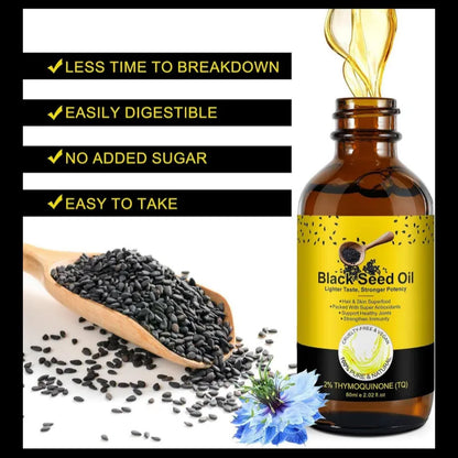 Amber glass bottle of Black Seed Oil with a yellow label, shown next to a wooden scoop filled with black seeds on a white background. Text callouts list benefits: less time to breakdown, easily digestible, no added sugar, and easy to take.