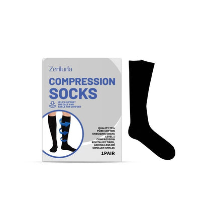 Black compression sock with packaging on a white background