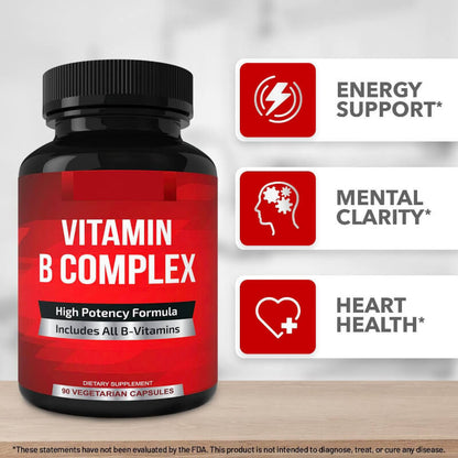 Bottle of Vitamin B Complex supplement with energy, mental clarity, and heart health icons on a light gray background.