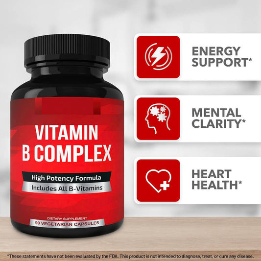 Bottle of Vitamin B Complex supplement with energy, mental clarity, and heart health icons on a light gray background.