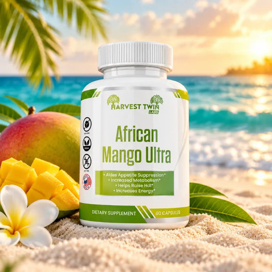 A bottle of Harvest Twin Africa African Mango Ultra dietary supplement stands on a sandy beach with a mango, sliced mango, and white flower in the foreground, with ocean and palm trees blurred in the background.