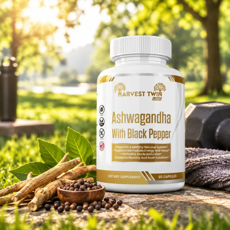 A white supplement bottle labeled HARVEST TWIN LABs Ashwagandha With Black Pepper stands on a stone outdoors, surrounded by ashwagandha roots, a small bowl of black peppercorns, green leaves, and a blurred natural background with sunlight.