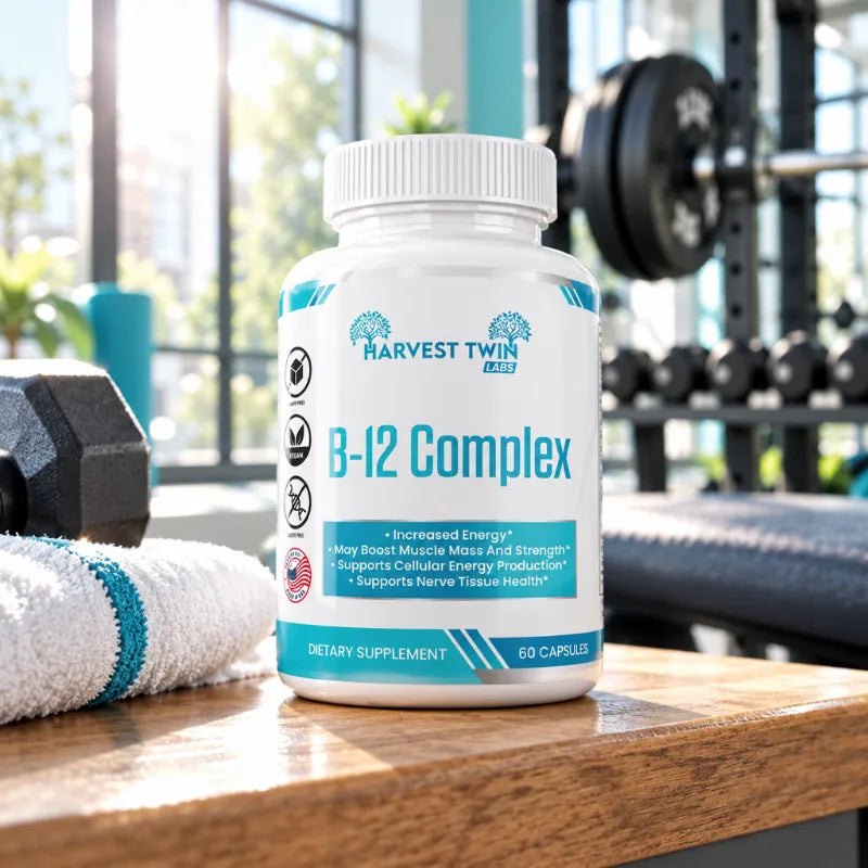 A white bottle of Harvest Twin Labs 3-12 Complex dietary supplement placed on a wooden counter in a gym setting, with dumbbells and a towel nearby.