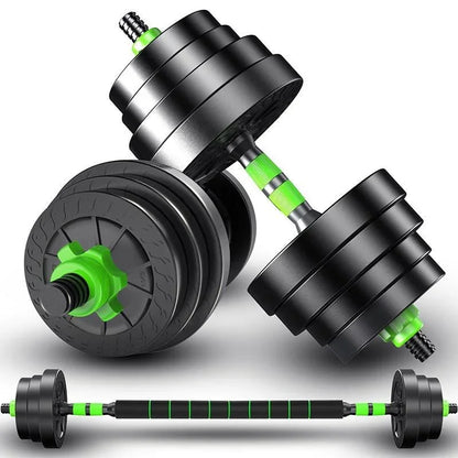 Pair of adjustable dumbbells with green accents on a light gray background