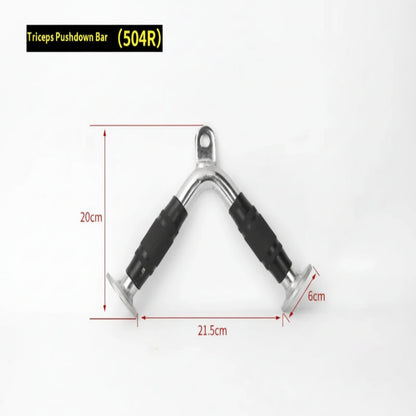 Triceps pushdown bar with measurements on a white background