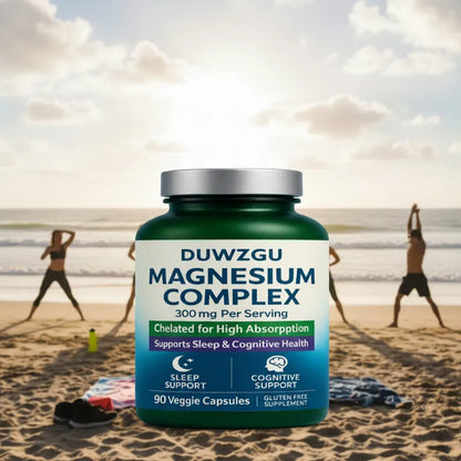 A bottle of Magnesium Complex 300 mg dietary supplement capsules, set against a blurred beach background with people exercising on the sand.