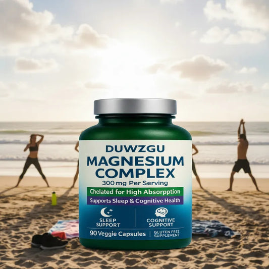 A bottle of Magnesium Complex 300 mg dietary supplement capsules, set against a blurred beach background with people exercising on the sand.