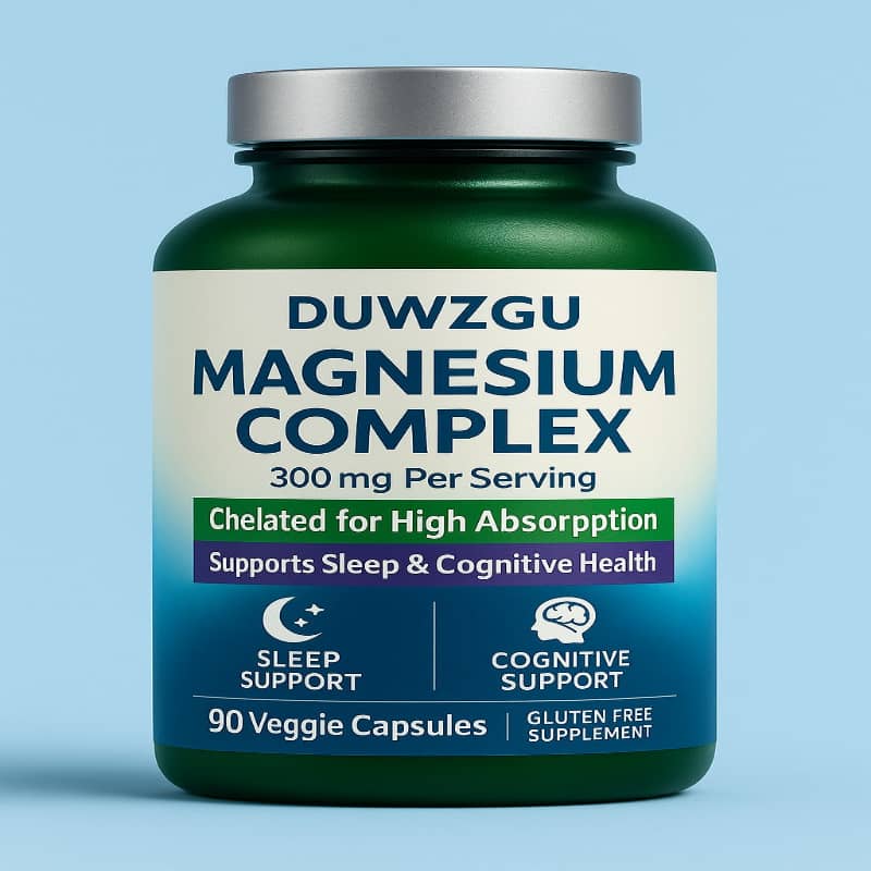 Bottle of DUWZGU Magnesium Complex supplement on a blue background