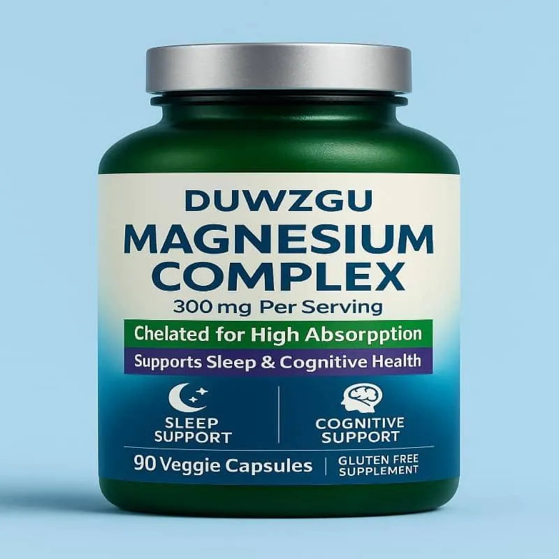 Bottle of  Magnesium Complex supplement on a light blue background