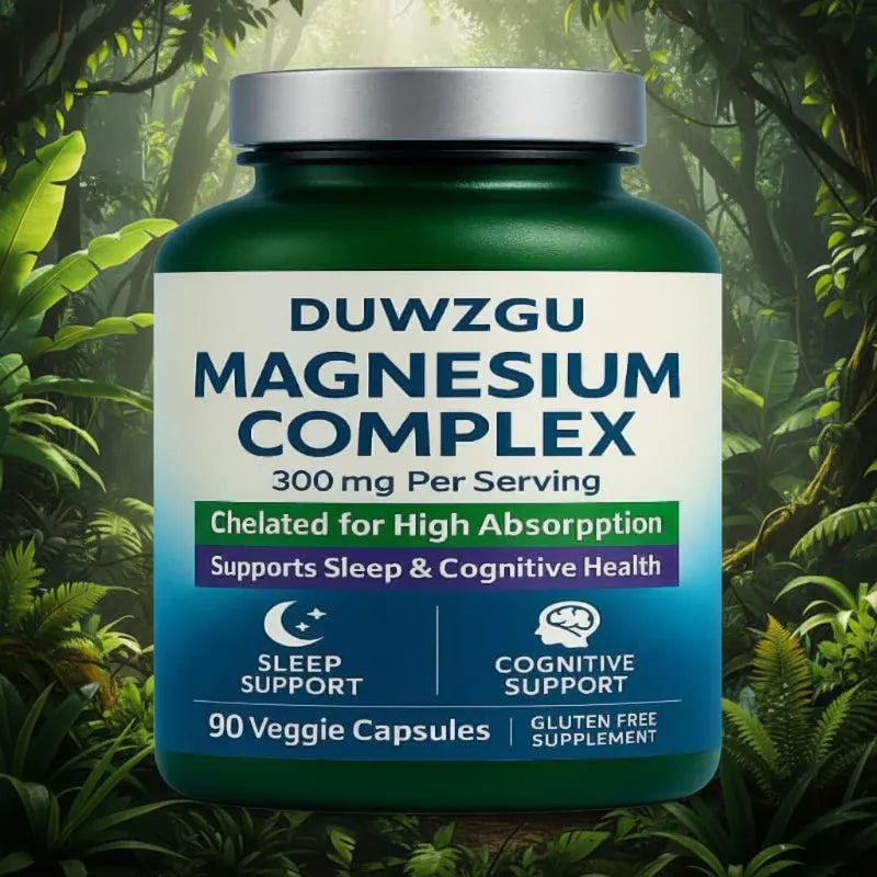 A green supplement bottle labeled ' MAGNESIUM COMPLEX' with a silver cap, set against a lush green jungle background. The label highlights sleep support, cognitive support, and contains 90 veggie capsules.