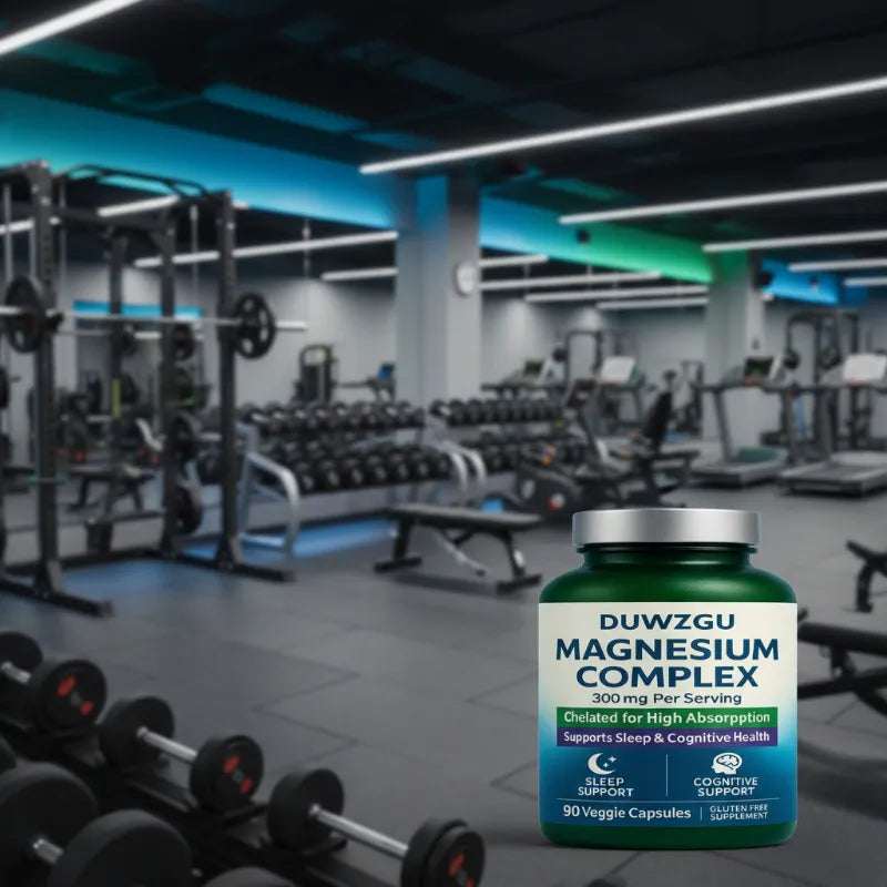 A bottle of  Magnesium Complex 300mg per serving, 90 veggie capsules, shown in the foreground against a blurred gym background with weight machines and dumbbells.