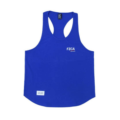 Blue tank top with 'FZCA' logo on a white background